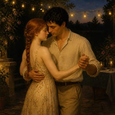 an original couple dancing under string lights in a garden at dusk: a man with short black hair in a linen shirt and a woman with braided red hair in a summer dress