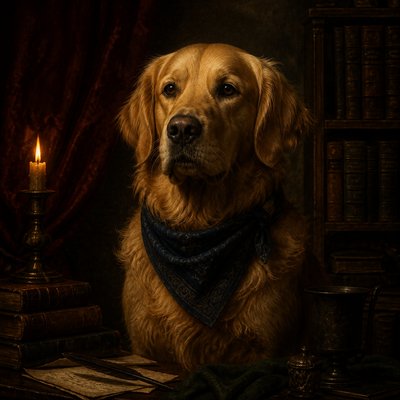 portrait of a golden retriever wearing a blue bandana, warm plain backdrop, no text