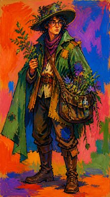 full-body original character: a wandering botanist with a satchel of plants, a patched green cloak, tall boots and round glasses, neutral background