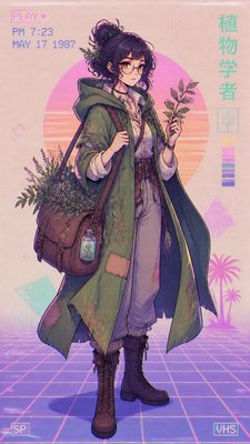 full-body original character: a wandering botanist with a satchel of plants, a patched green cloak, tall boots and round glasses, neutral background