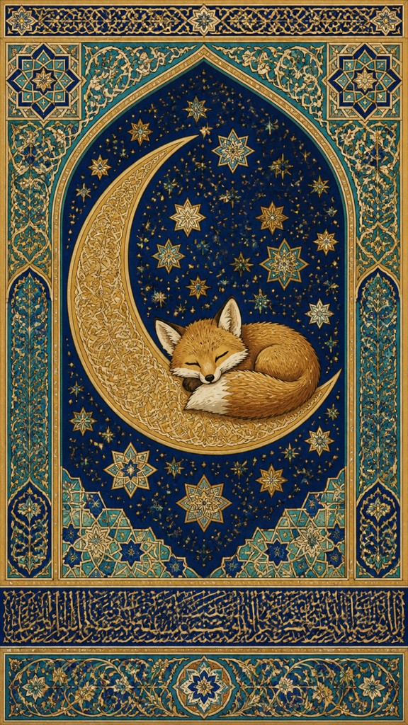 a sleeping baby fox curled on a crescent moon among soft stars, gentle and warm, no text