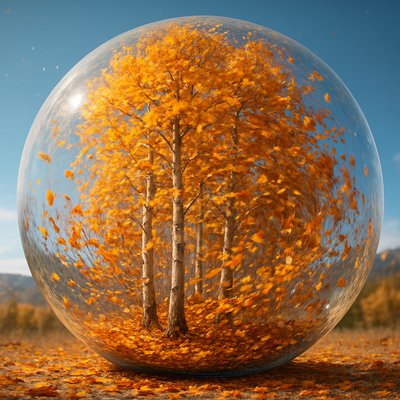 A breathtaking and surreal scene of vibrant Aspen trees in full autumn splendor, encased within a massive, crystal-clear, life-size glass bubble, reminiscent of a hyperrealistic snow globe. The glass bubble is perfectly spherical and transparent, allowing an unobstructed view into its contained world.

Inside the bubble, a fierce autumn wind is whipping through the Aspen trees, which are ablaze with brilliant golden, yellow, and orange leaves. Countless individual leaves are detached from the branches and are swirling dynamically in a vibrant vortex around the tree trunks, creating a beautiful, chaotic dance. Some leaves cling to the ground, while others are caught in mid-air, a riot of color against the pale, smooth bark of the Aspens. The ground inside the bubble is covered in a thick carpet of fallen, colorful leaves.

The exterior of the glass bubble reflects and subtly distorts a serene, autumnal mountain landscape or clear blue sky, emphasizing its pristine, contained nature. The lighting is bright and ethereal, perfectly illuminating the vibrant leaf colors and the transparency of the glass, highlighting the dynamic movement within. The overall mood is one of encapsulated beauty, powerful natural forces held in exquisite suspension, and serene wonder."
