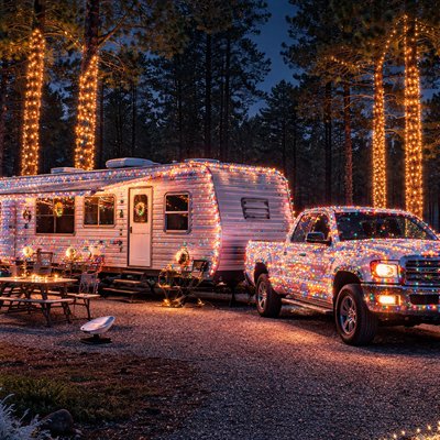 A night-time wide shot of a 33ft Sunset Creek bumper-pull travel trailer parked at a Texas campsite. Next to it, a white 2002 Dodge Ram 2500 pickup truck is parked in the gravel drive. Both the trailer and the truck are draped in an extreme, "off the charts" amount of glowing multi-colored Christmas lights. In the background, tall long-needle pine trees are also wrapped in twinkling lights. A wooden picnic table and a small Starlink Mini dish are visible on the campsite ground. Clear night sky, warm southern atmosphere, no snow, ultra-detailed, cinematic lighting, 8k resolution.
