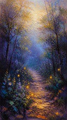 a mysterious forest path with fireflies and drifting mist, atmospheric vertical composition with open space at the top, no text