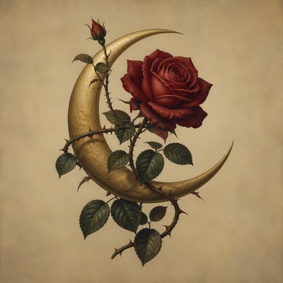 a rose entwined with a crescent moon, clean balanced composition on a plain background, no text