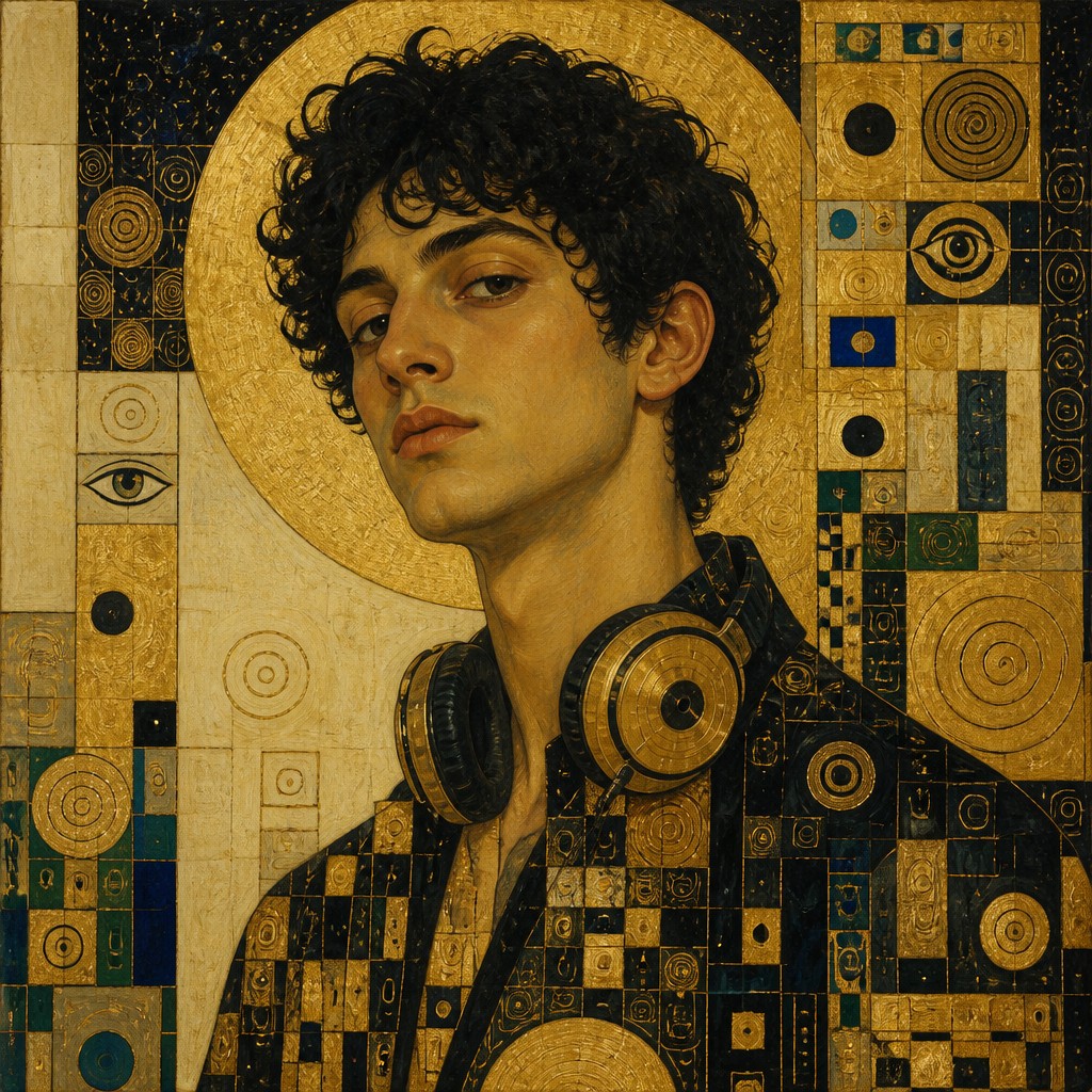 head-and-shoulders portrait of an original character: a young man with curly dark hair and headphones around his neck, plain backdrop, no text