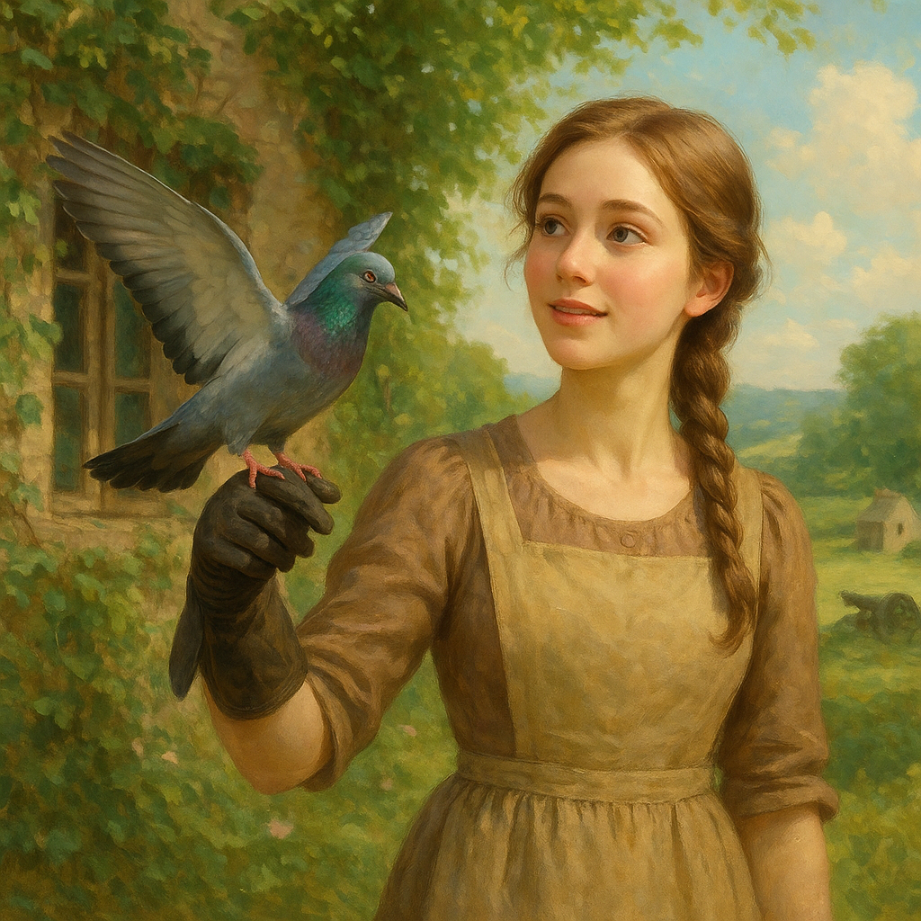 A beautiful young woman with fair skin, light brown hair styled in a braid, and rosy cheeks stands outdoors in front of a rustic stone and ivy-covered building. She is wearing a simple, practical light brown dress with an apron-style overlay, suggestive of a farm setting. Her right arm is extended, and she is wearing a dark leather glove on her hand, upon which a messenger pigeon has just landed. The pigeon is a classic racing pigeon type, with iridescent green and purple neck feathers, and it has its wings slightly spread as if in the act of landing or adjusting. A small message capsule or scroll is clearly visible attached to one of its legs. The woman looks slightly upwards and to the right with a soft, warm expression, her lips slightly parted, as if acknowledging the pigeon or looking towards the message. In the background, to the right, is a picturesque green landscape under a bright sky with scattered clouds, featuring rolling hills, a small, distant stone building, and what appears to be an old cannon or piece of artillery, hinting at a historical wartime context. The overall lighting is warm and natural, creating a serene yet significant atmosphere.