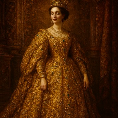 Oil Painting Art Style, Baroque Art Style, a breathtakingly majestic and regal portrait of "The Queen in Gold of Ophir," inspired by Psalm 45. The Queen stands with impeccable grace and royal dignity, her posture radiating quiet power. Her expression is serene, gentle, and profoundly gracious, with a subtle, knowing smile, reflecting noble peace. She is adorned in an exquisitely elaborate gown woven entirely from the finest, purest gold of Ophir, which shimmers and gleams with unparalleled brilliance, catching every ray of light. Her attire is intricately embellished with countless precious jewels—sapphires, rubies, and emeralds—each sparkling intensely with Baroque dynamism. A delicate yet regal golden crown, also ablaze with light, rests upon her head. The setting is a grand, opulent royal palace chamber, with rich tapestries and polished marble, bathed in dramatic, warm, golden ambient light that creates striking highlights and deep, luxurious shadows, making her and her lavish garments glow. Focus on the unparalleled brilliance, texture, and radiant shine of her golden gown, the intense sparkle of her jewels, her majestic yet gentle presence, and the luxurious, sacred atmosphere befitting a queen in God's presence.