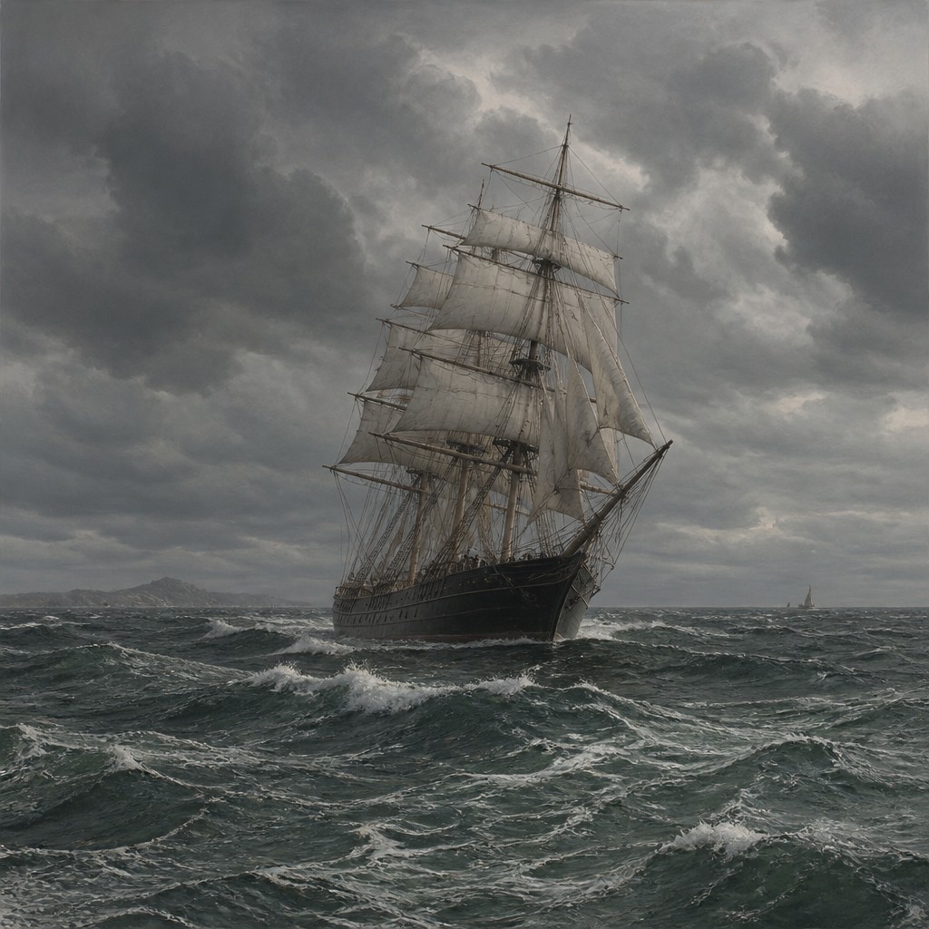 sailing ship on a stormy sea — New Objectivity Art Style