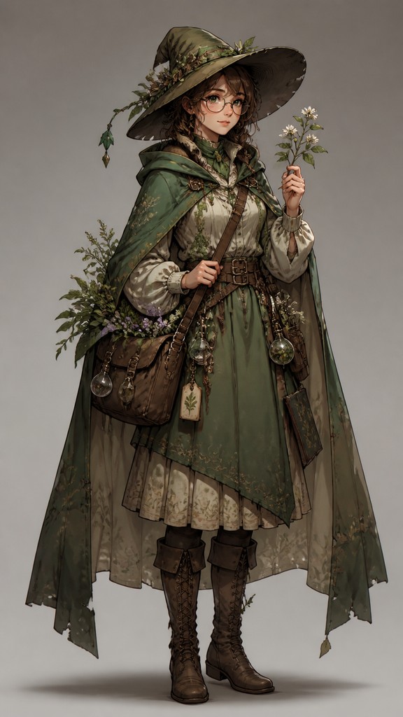 full-body original character: a wandering botanist with a satchel of plants, a patched green cloak, tall boots and round glasses, neutral background