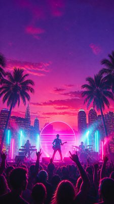 a live music scene with a glowing stage and silhouetted crowd, energetic vertical composition with open space at the top, no text