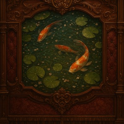 A koi pond seen from above, orange and white koi fish swimming among lily pads, clear water with subtle ripples, fallen cherry blossom petals floating on the surface, dappled sunlight