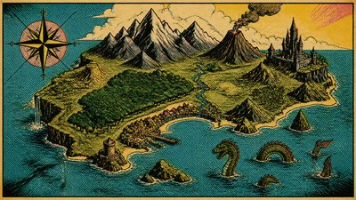 a map of an island realm with mountains, forests, a sheltered bay, sea monsters in the water and a compass rose, no text labels