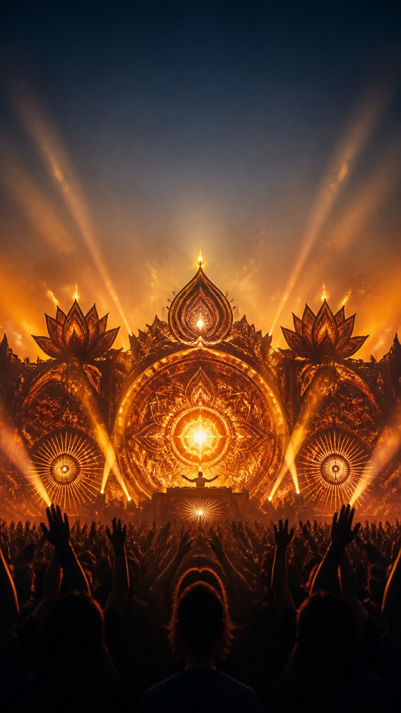 a live music scene with a glowing stage and silhouetted crowd, energetic vertical composition with open space at the top, no text