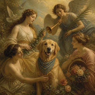 portrait of a golden retriever wearing a blue bandana, warm plain backdrop, no text