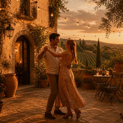 an original couple dancing under string lights in a garden at dusk: a man with short black hair in a linen shirt and a woman with braided red hair in a summer dress