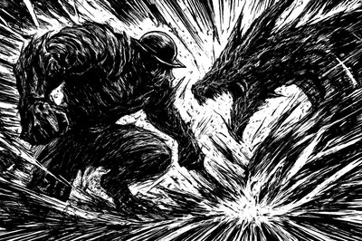 a black and white drawing of two men fighting