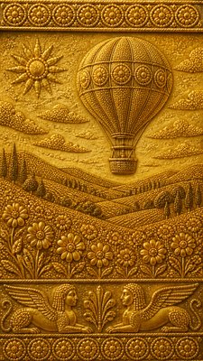 a hot air balloon drifting over rolling flower fields on a sunny day, cheerful, no text