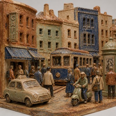 urban street with city activity — Ceramic Sculpture Art Style