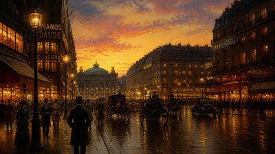 bustling city street panorama at dusk