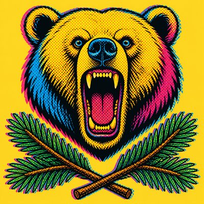 a roaring bear head above crossed pine branches, bold graphic composition on a plain background, no text