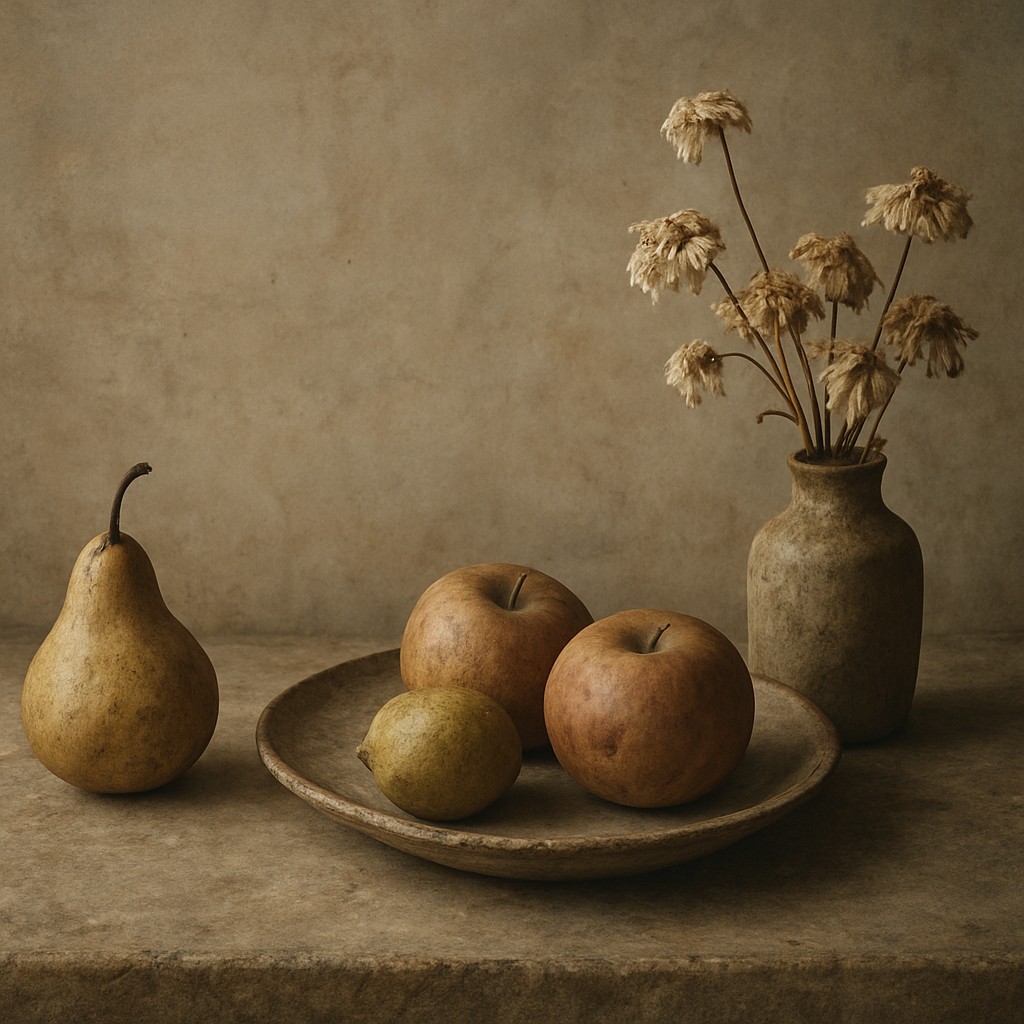 still life arrangement of fruits and flowers