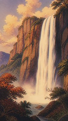 towering waterfall cascading down a cliff