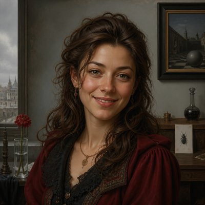 head-and-shoulders portrait of an original character: a young woman with wavy chestnut hair and a warm smile, plain soft backdrop