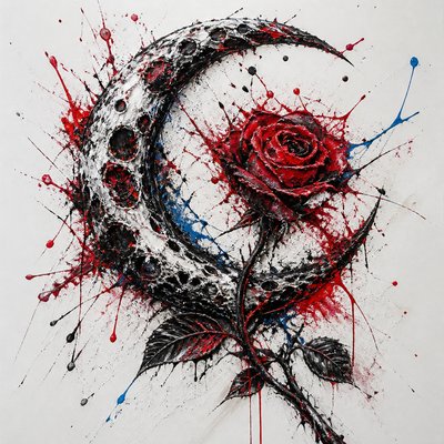 a rose entwined with a crescent moon, clean balanced composition on a plain background, no text