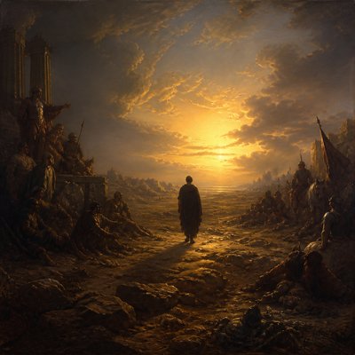 a solitary figure walking toward a glowing horizon across an empty plain, moody atmosphere, no text or lettering