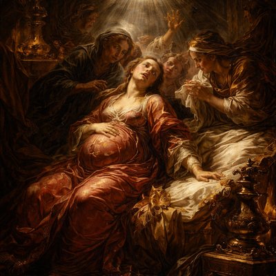 “And his daughter in law, Phinehas' wife, was with child, near to be delivered: and when she heard the tidings that the ark of God was taken, and that her father in law and her husband were dead, she bowed herself and travailed; for her pains came upon her.” (1 Samuel 4:19, KJV)
