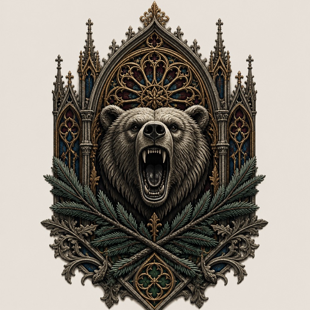 a roaring bear head above crossed pine branches, bold graphic composition on a plain background, no text