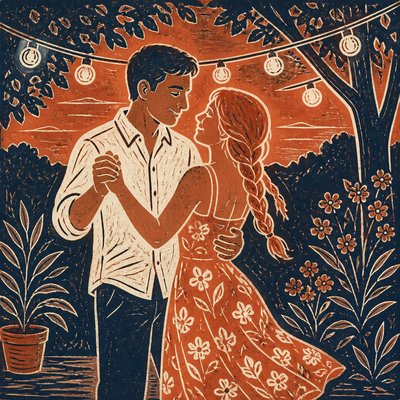 an original couple dancing under string lights in a garden at dusk: a man with short black hair in a linen shirt and a woman with braided red hair in a summer dress