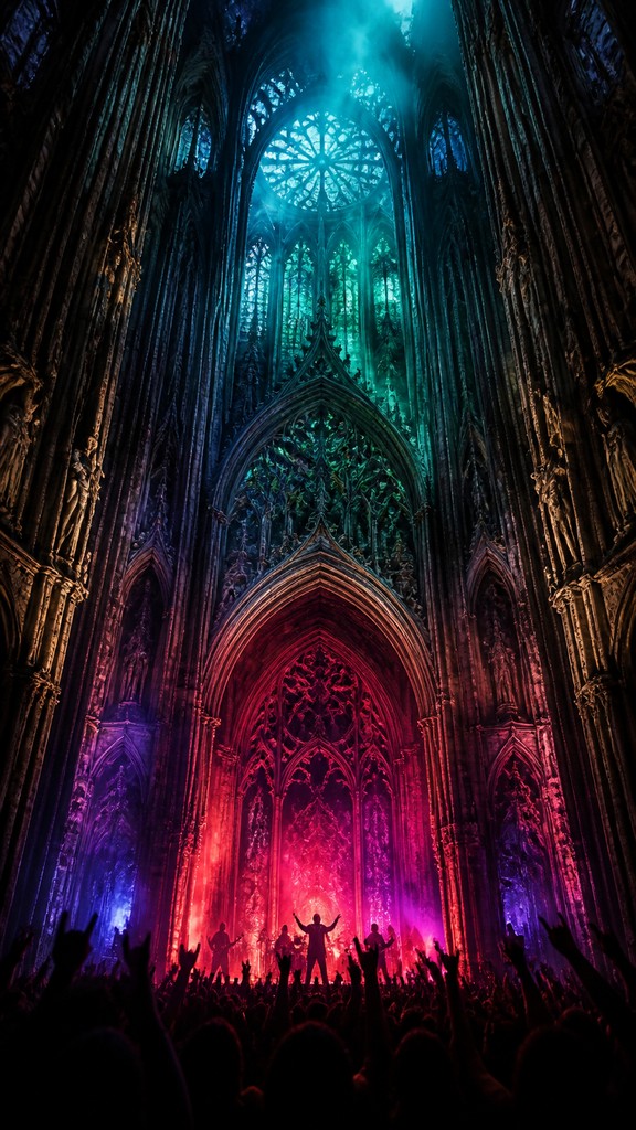 a live music scene with a glowing stage and silhouetted crowd, energetic vertical composition with open space at the top, no text