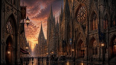 bustling city street panorama at dusk
