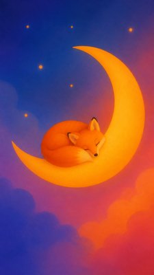 a sleeping baby fox curled on a crescent moon among soft stars, gentle and warm, no text