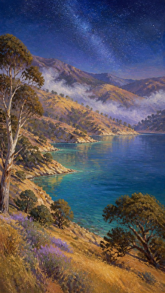 a tranquil mountain lake beneath a starry night sky, no people, no text