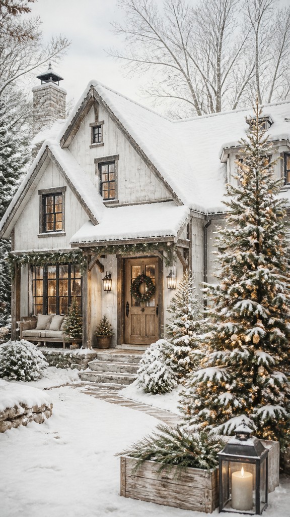 a snow-covered cottage with warm glowing windows beside a decorated pine tree, gentle snowfall, no text