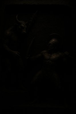 a black and white photo of a man with a horned head