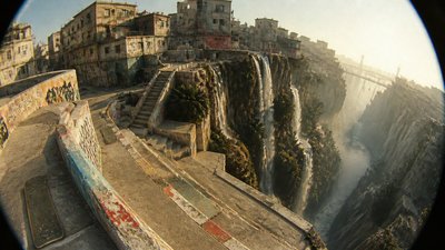 a cliffside city with waterfalls cascading into a misty canyon, wide establishing shot, no people, no text