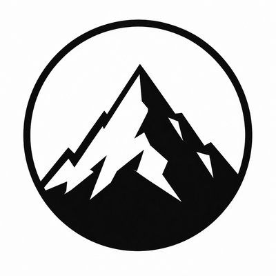 an emblem of a mountain peak inside a circle, simple bold shapes on a plain background, no text or lettering