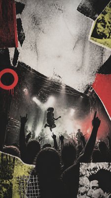 a live music scene with a glowing stage and silhouetted crowd, energetic vertical composition with open space at the top, no text