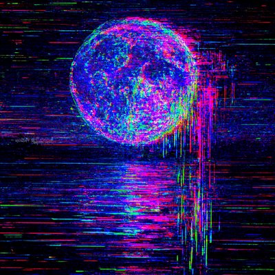 Start with a completely ordinary, even boring photograph of a full moon reflecting over a still lake.
Corrupt it until it no longer resembles its original subject at all, but still somehow feels like it’s haunted by what it used to be. Push the file through at least four different deliberate stages of destruction (e.g. heavy JPEG decay → databend in Audacity → pixel sorting by luminance → extreme RGB channel displacement and offset). Let compression artifacts bloom into impossible colors. Allow entire sections to liquefy and drip downward. Make the metadata scream. The final image should feel like a memory that’s been compressed, encrypted, lost, recovered, and compressed again for twenty years.