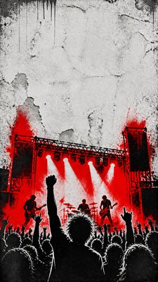 a live music scene with a glowing stage and silhouetted crowd, energetic vertical composition with open space at the top, no text