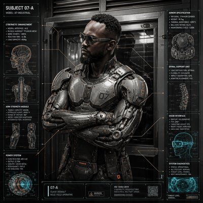 a man in a futuristic suit with his arms crossed