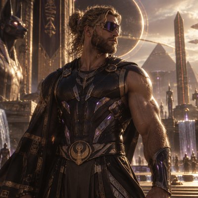 Je veux que tu me fasses un guerrier, tres modern avec une armure moderne genre full noir argente violet sans manche in voit ses muscle et il a une barbe et des cheveux long en arriere il est hot et un peu poilu pour le realisme il est blond et a des lunette futuristes , mais plus en mode Dieu genre je veux pas quelqu’un qui ressemble à thor de marvel fais-lui tes cheveux bouclés, attachés, peu importe ça serait bien qu’il y ait des boucles qu’il ait l’aura des dieux égyptien 