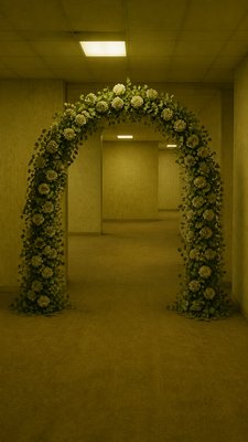 an arch of white roses and eucalyptus in soft morning light, elegant vertical composition with open space, no text