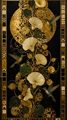 a climbing vine of flowers and hummingbirds on a dark background, tall wrapping composition, no text