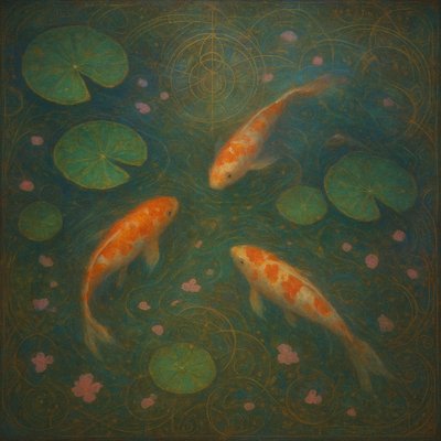 A koi pond seen from above, orange and white koi fish swimming among lily pads, clear water with subtle ripples, fallen cherry blossom petals floating on the surface, dappled sunlight