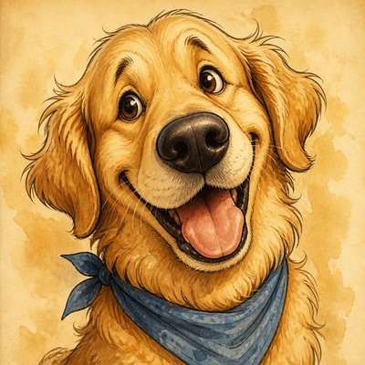 portrait of a golden retriever wearing a blue bandana, warm plain backdrop, no text